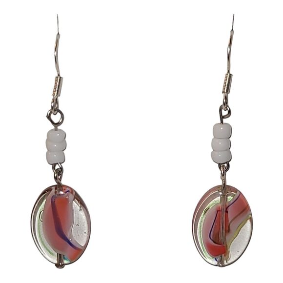 Multi-color Pink White Art Glass Bead Dangle Earrings 925 Sterling Silver 2" - Picture 3 of 5